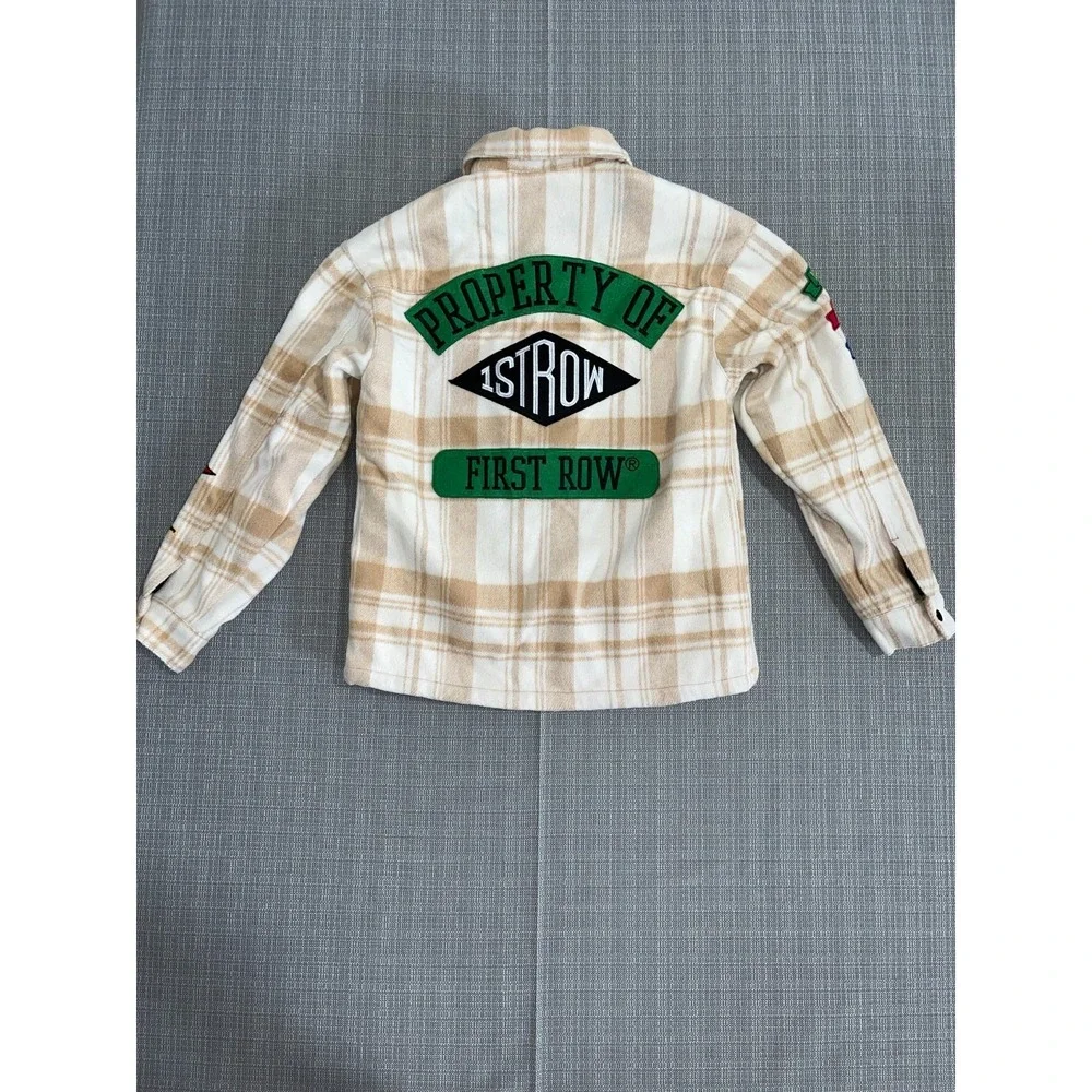 First Row Padding Shacket Mens Large Beige White Check Multi‎ Patches Wool Lined